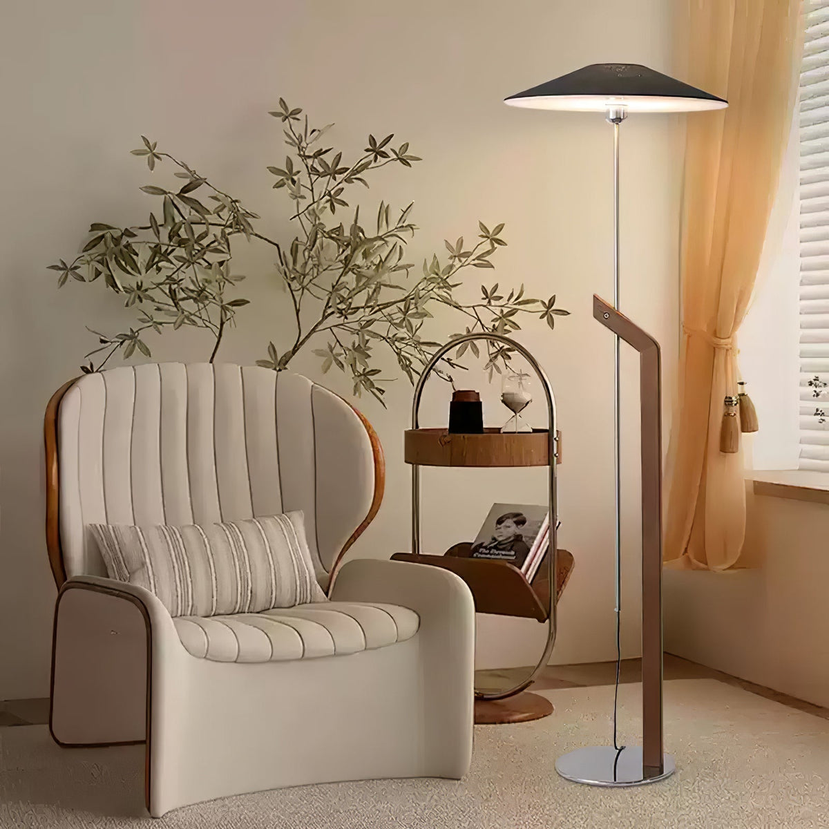 Lumorine Moderne vloerlamp met parapluhoofd in walnootkleur