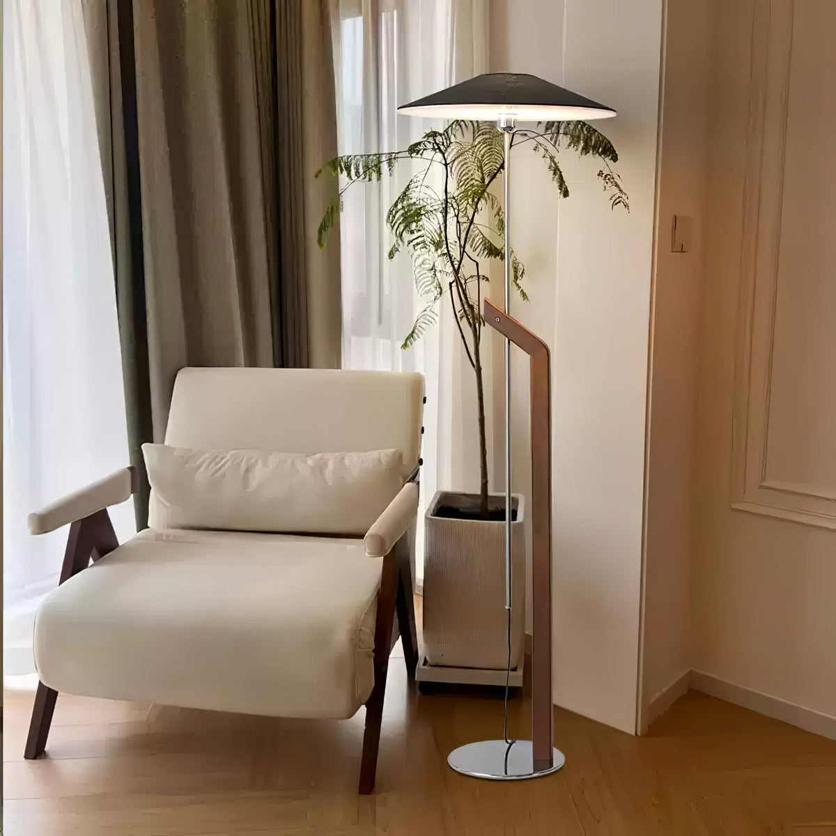 Lumorine Moderne vloerlamp met parapluhoofd in walnootkleur