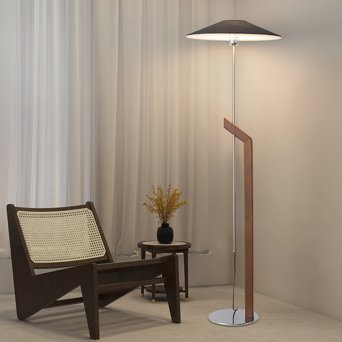 Lumorine Moderne vloerlamp met parapluhoofd in walnootkleur