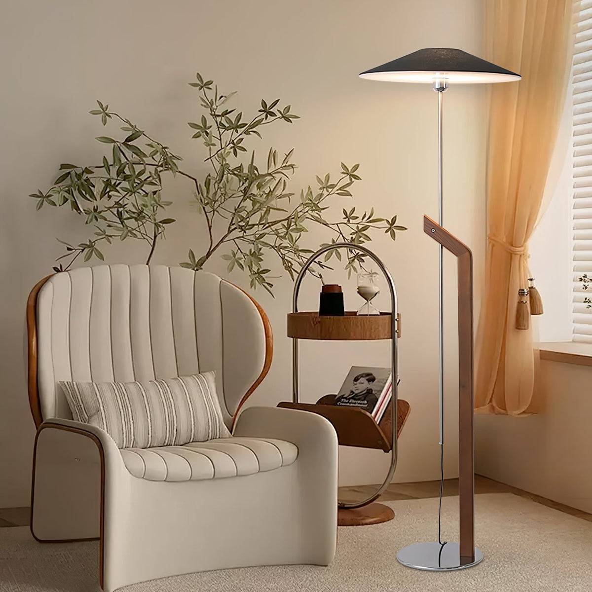 Lumorine Moderne vloerlamp met parapluhoofd in walnootkleur
