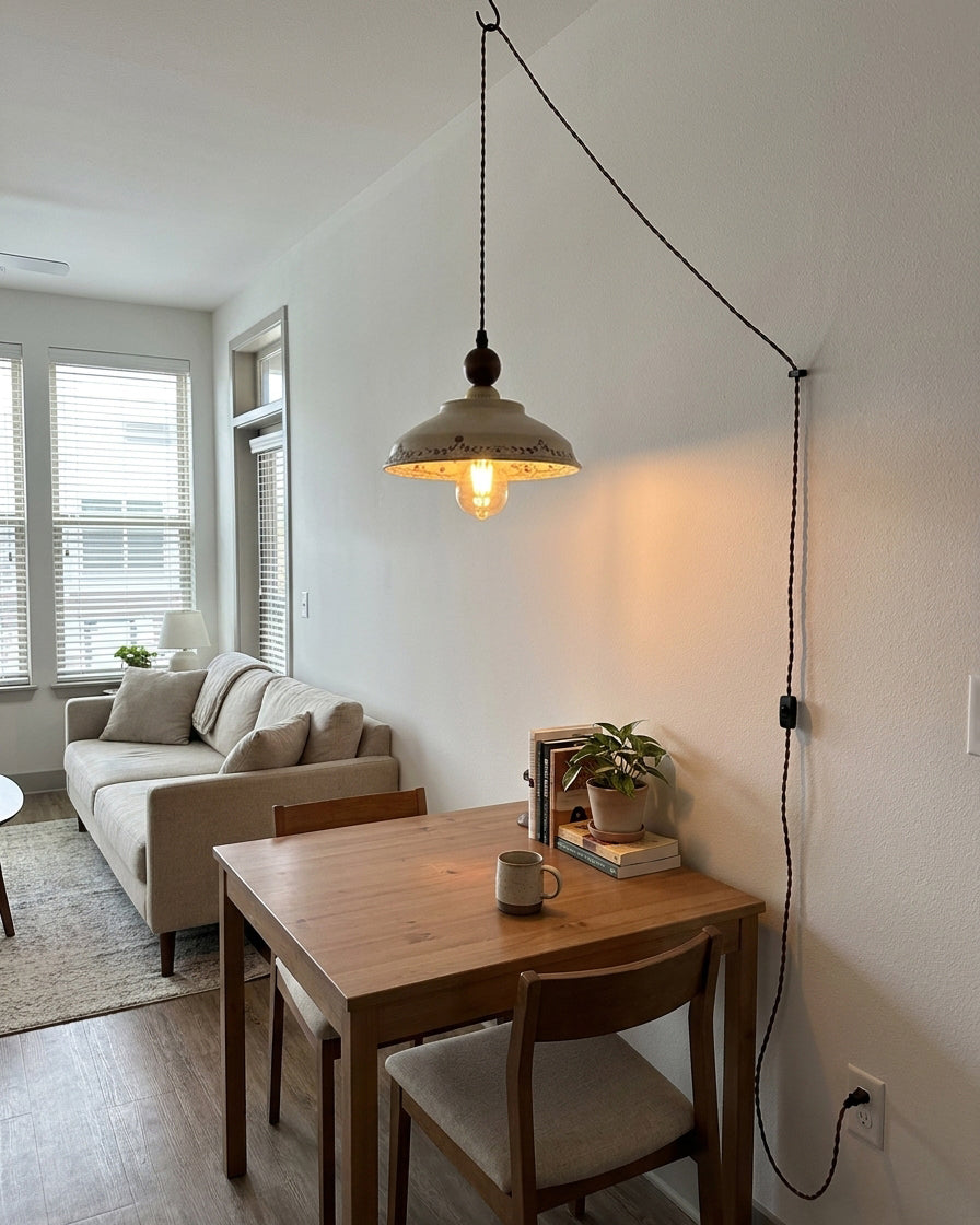 Orelerise hanglamp Off White Bloemblaad Koepel Walnoot Met Stekker Vintage Keuken