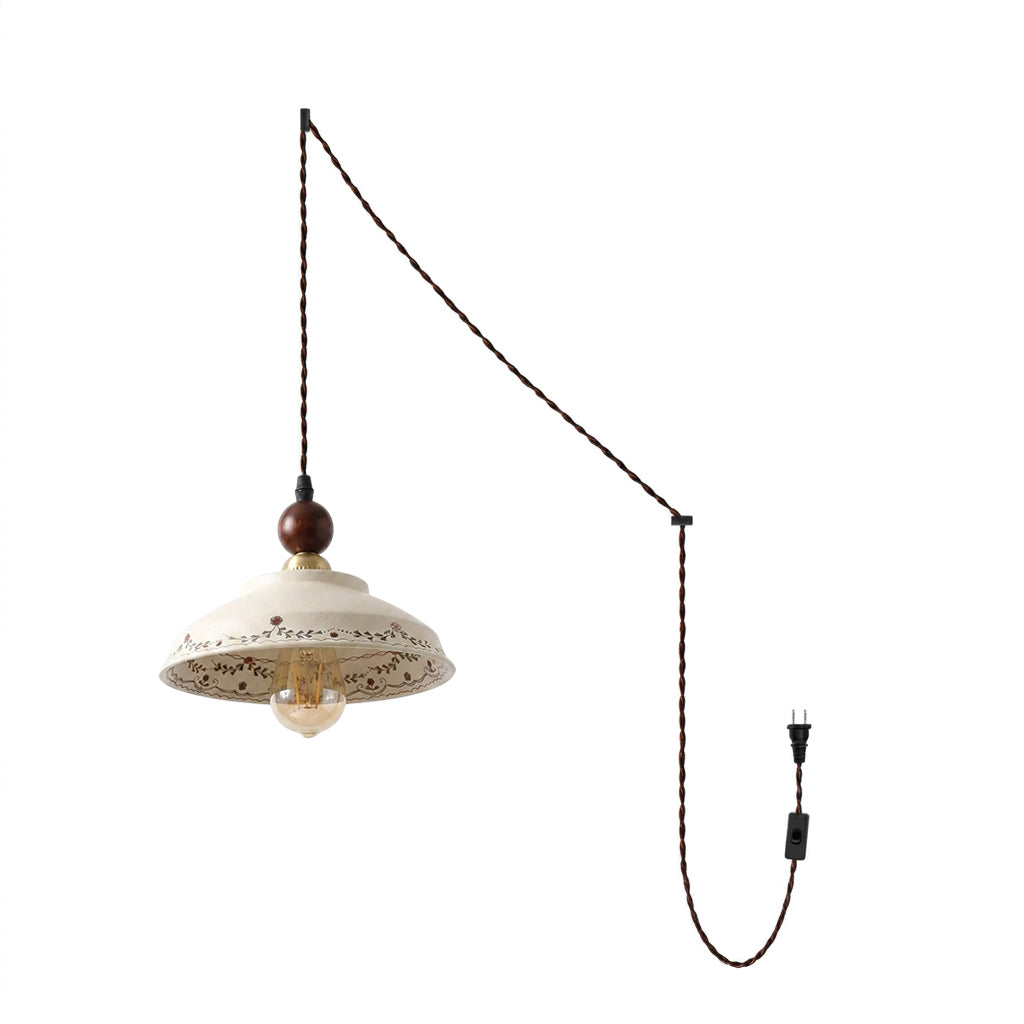 Orelerise hanglamp Off White Bloemblaad Koepel Walnoot Met Stekker Vintage Keuken