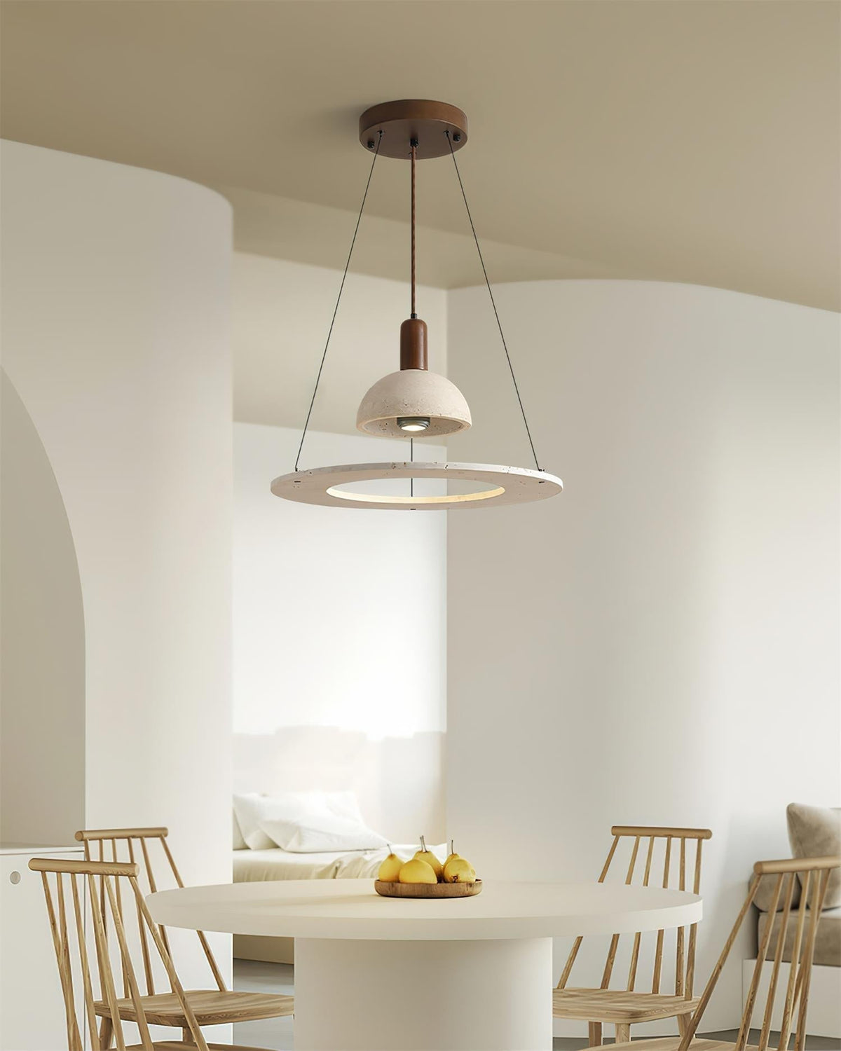 Valenise hanglamp met koepel en ring in travertin