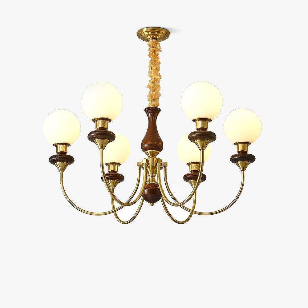 Rinoelle Kroonluchter Retro messing Walnoot glas