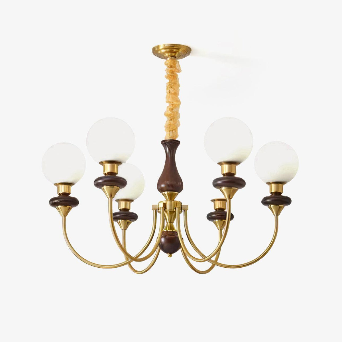 Rinoelle Kroonluchter Retro messing Walnoot glas