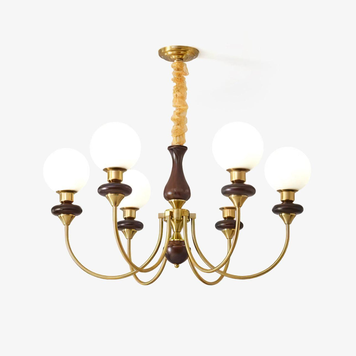 Rinoelle Kroonluchter Retro messing Walnoot glas