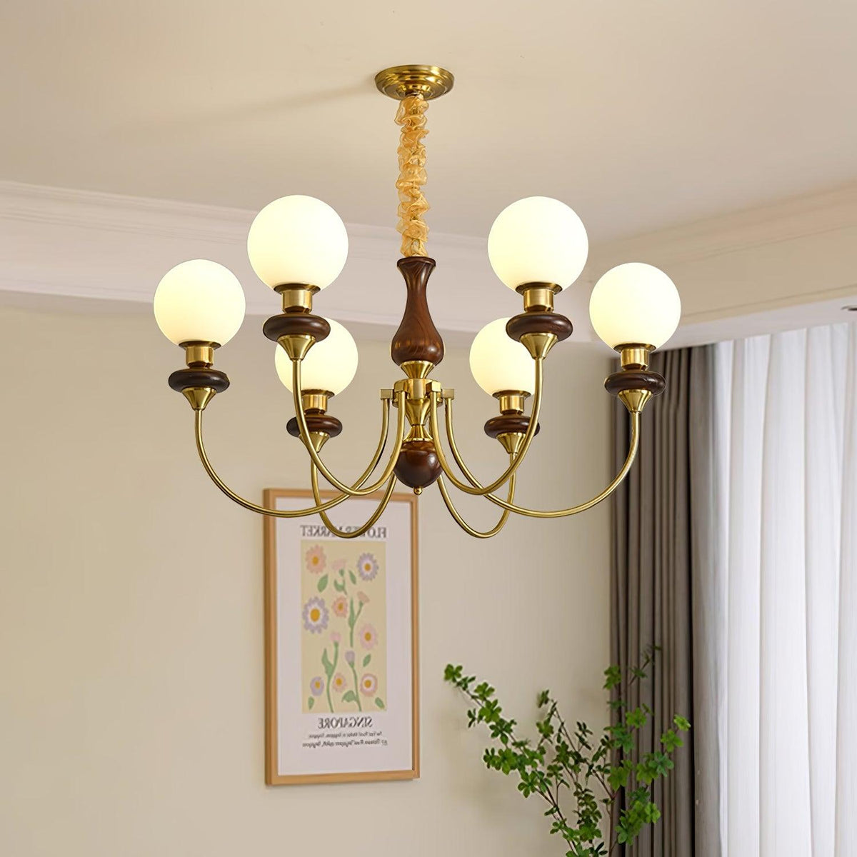 Rinoelle Kroonluchter Retro messing Walnoot glas
