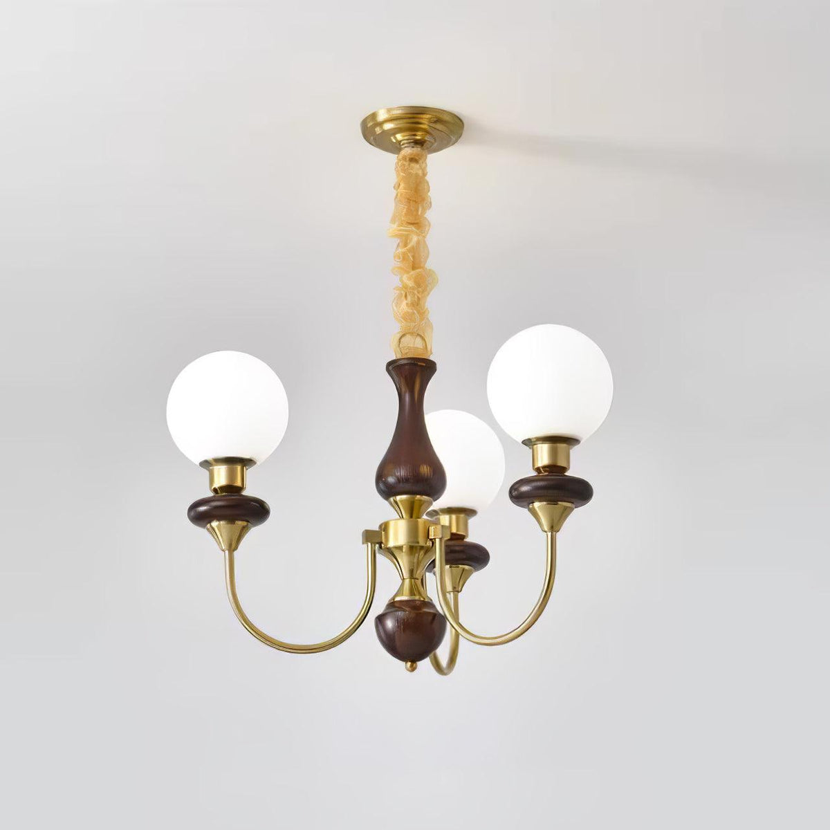 Rinoelle Kroonluchter Retro messing Walnoot glas