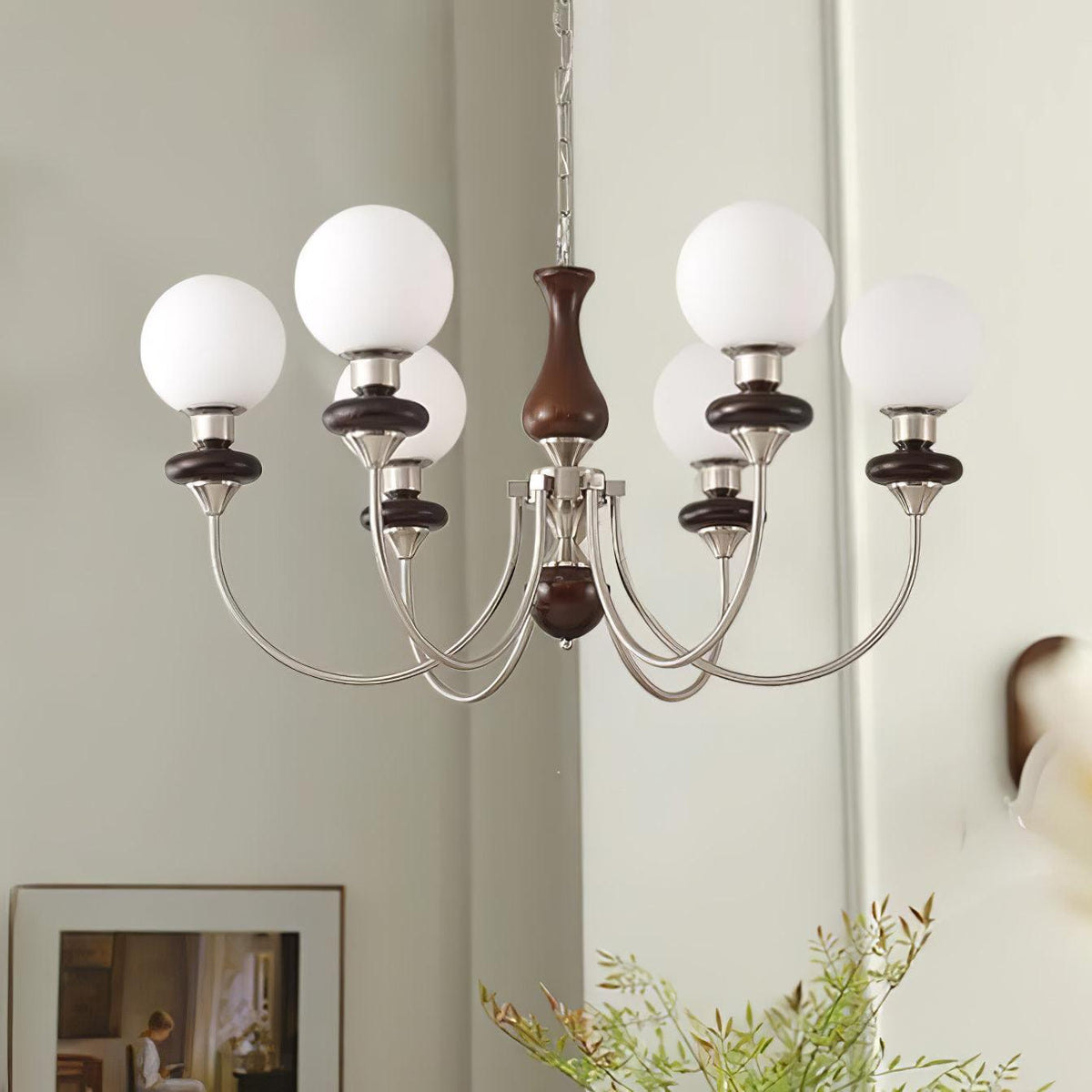 Rinoelle Kroonluchter Retro messing Walnoot glas