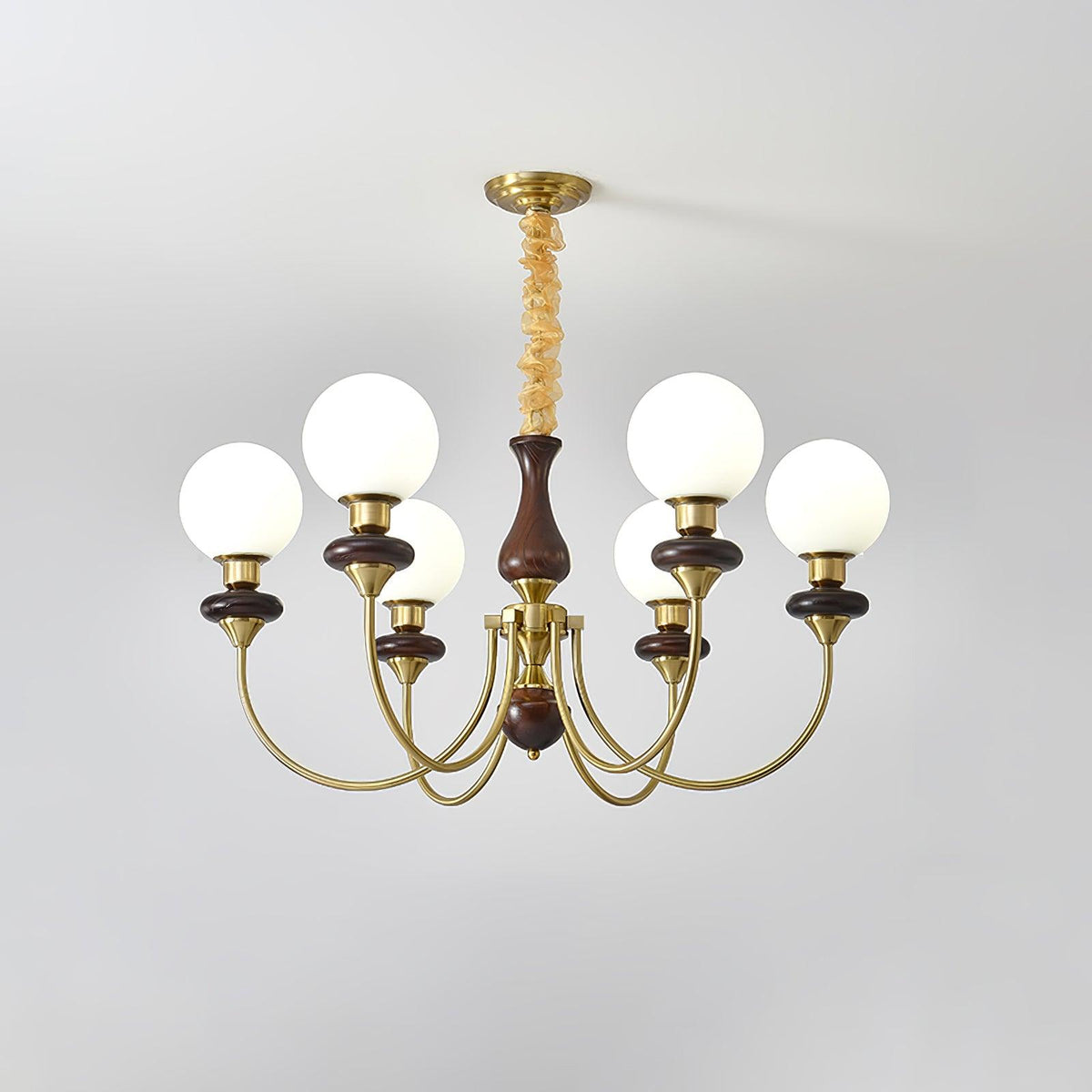Rinoelle Kroonluchter Retro messing Walnoot glas
