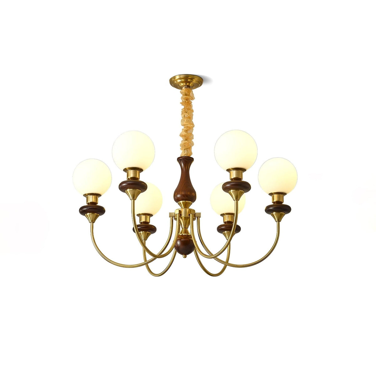 Rinoelle Kroonluchter Retro messing Walnoot glas