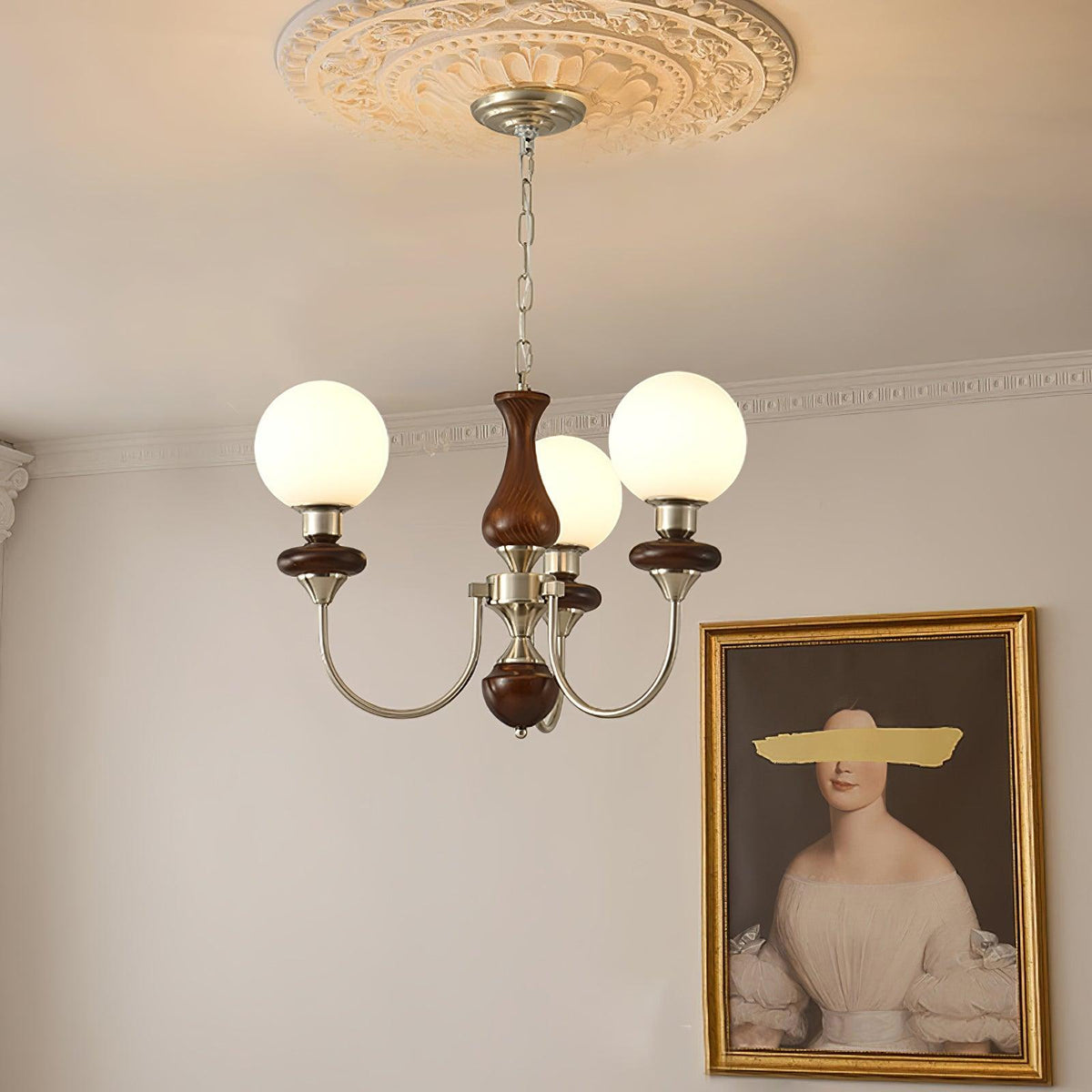 Rinoelle Kroonluchter Retro messing Walnoot glas