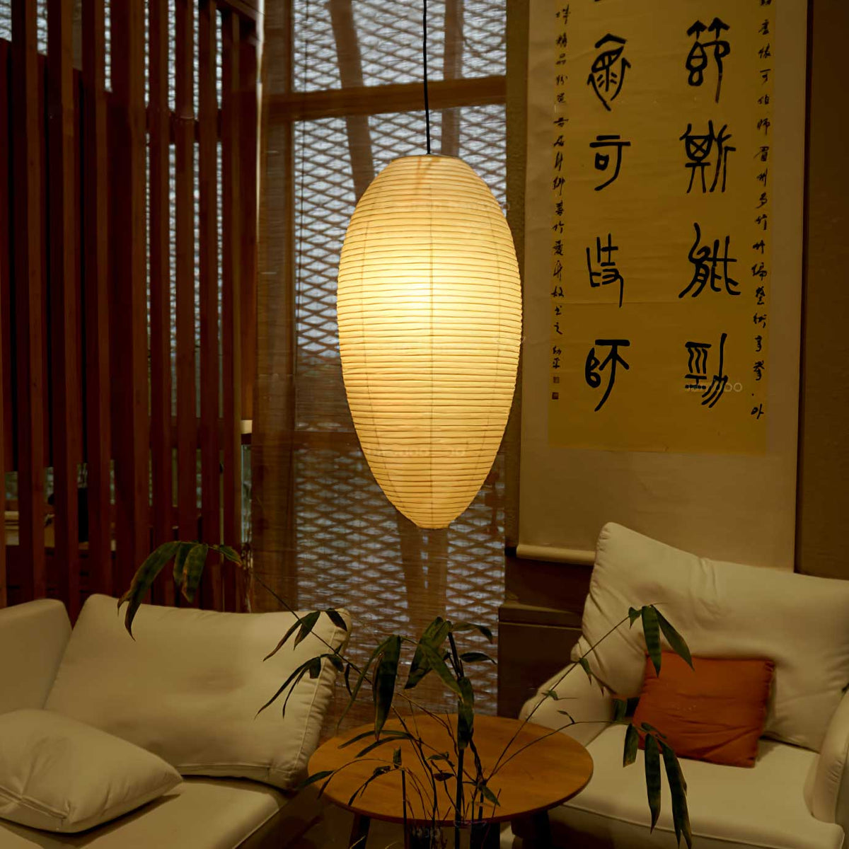 Myraean Moderne minimalistische hanglamp met bamboe en papier in kastanjebruin