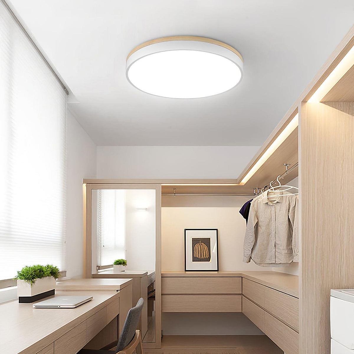 Daelis Witte Ronde plafondlamp met Houten Accent