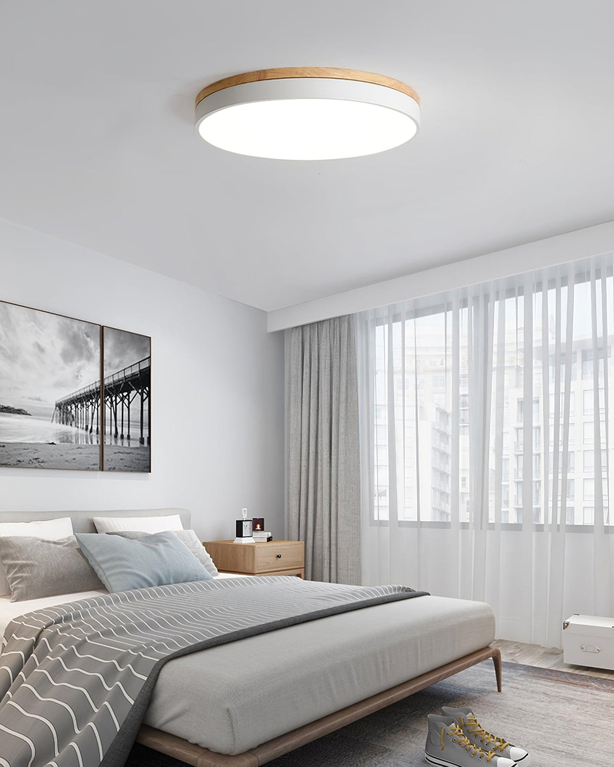 Daelis Witte Ronde plafondlamp met Houten Accent