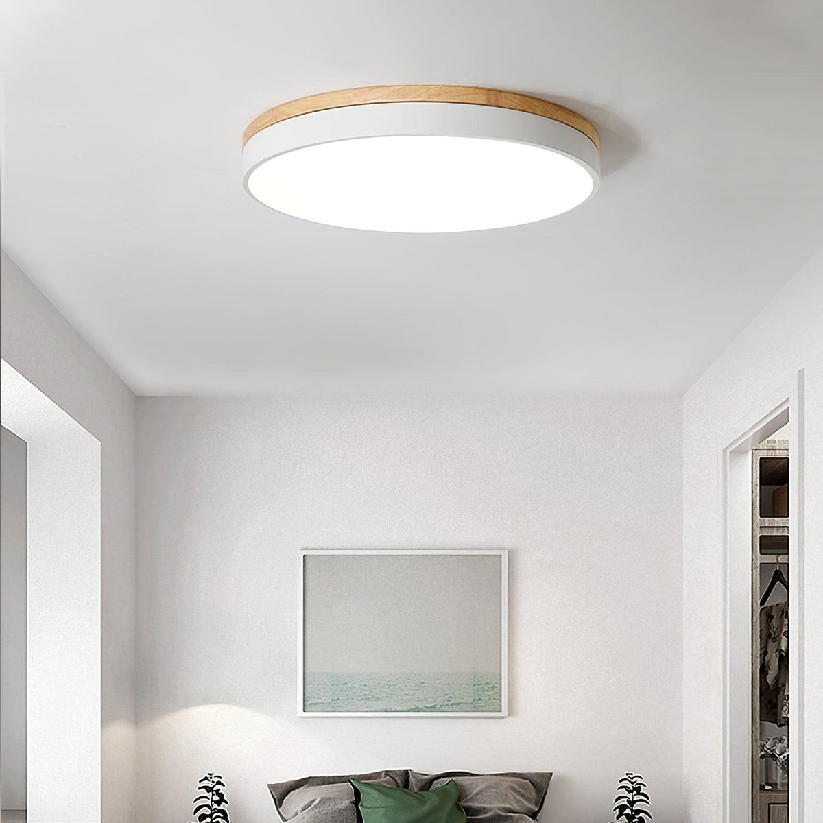 Daelis Witte Ronde plafondlamp met Houten Accent