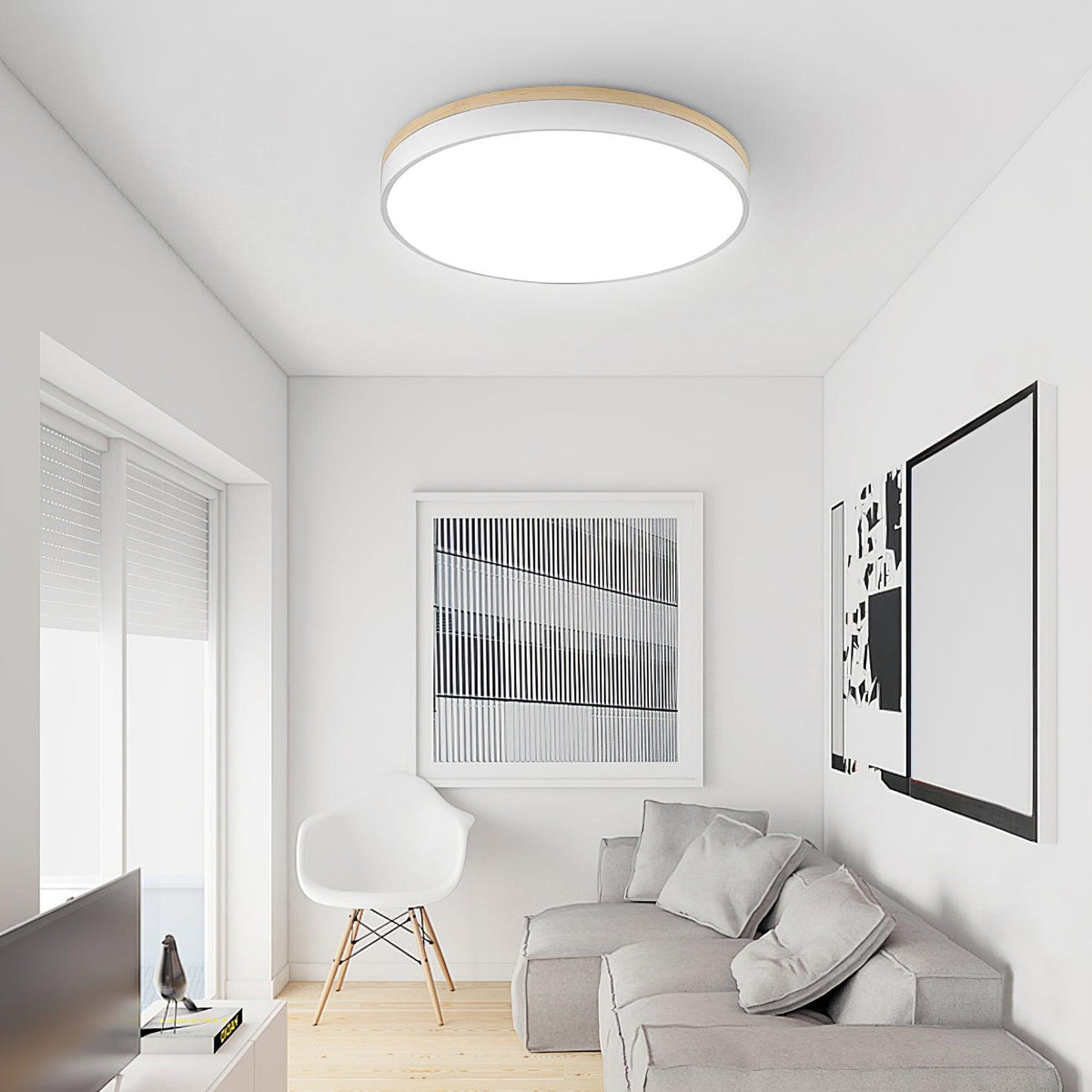 Daelis Witte Ronde plafondlamp met Houten Accent