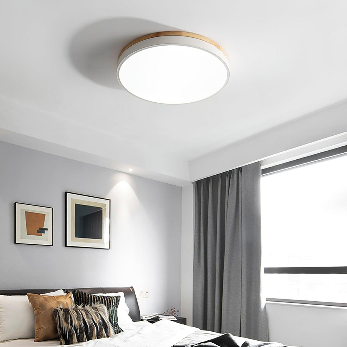 Daelis Witte Ronde plafondlamp met Houten Accent