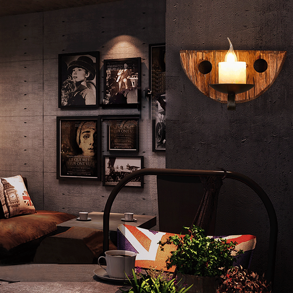 Austin Vintage Kaars Halfronde Wandlamp, Hout/Metaal, Woonk/Eetk/ Slaapkamer