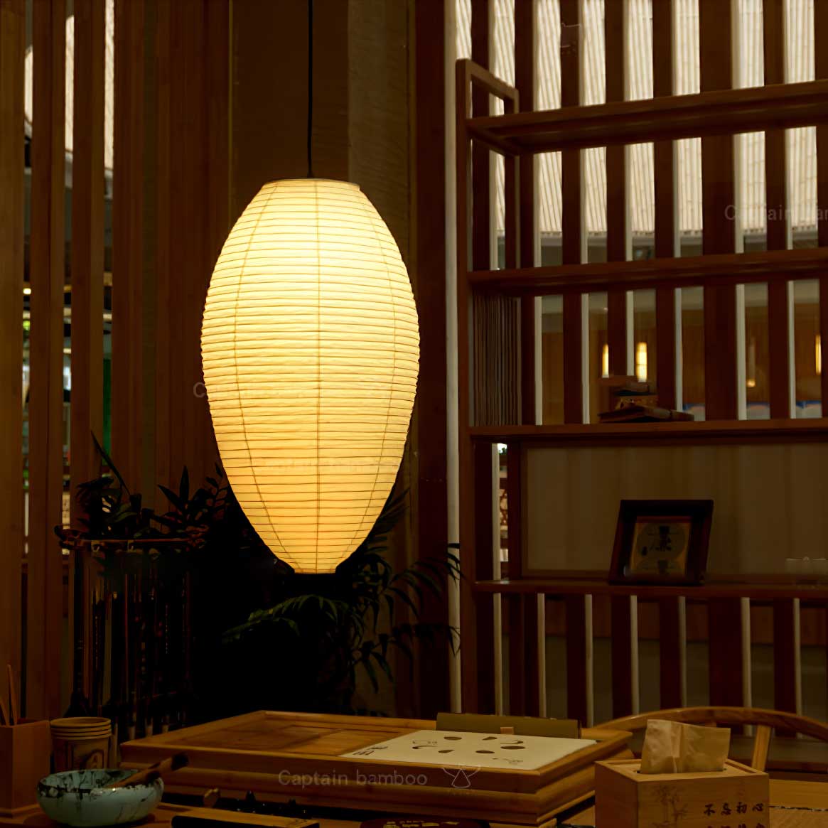 Myraean Moderne minimalistische hanglamp met bamboe en papier in kastanjebruin